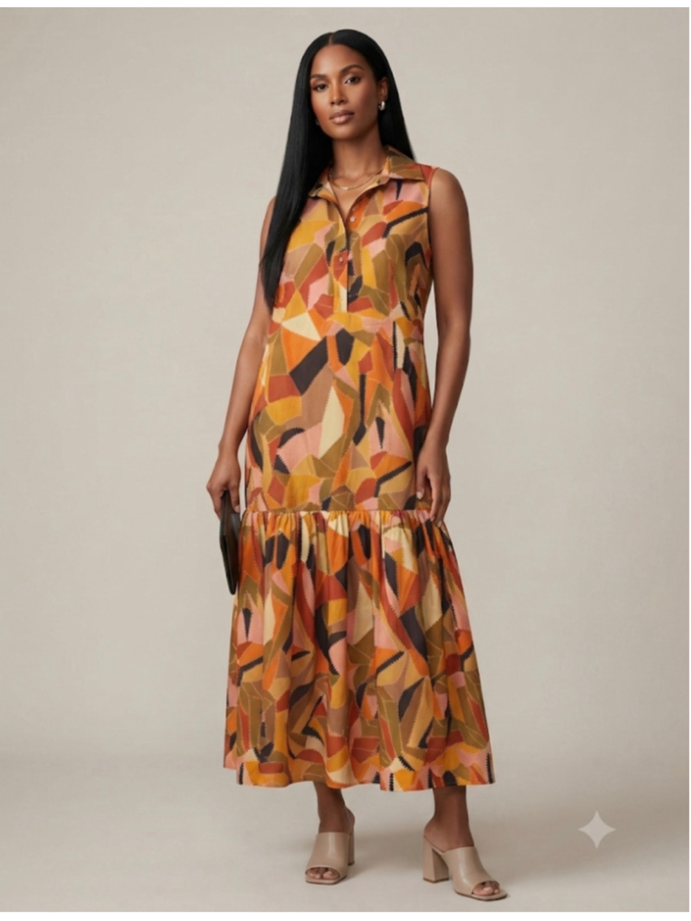 L'atiste Geometric Maxi Dress Size L Orange Brown